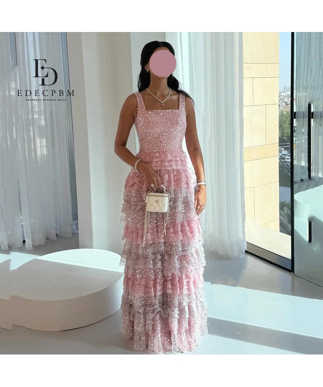 EDECPBM Pink Women Evening Dress Luxurious Evening Dresses 2025 Luxury Vestidos De Festa Sequins Multi-layer فساتين سهرة Prom