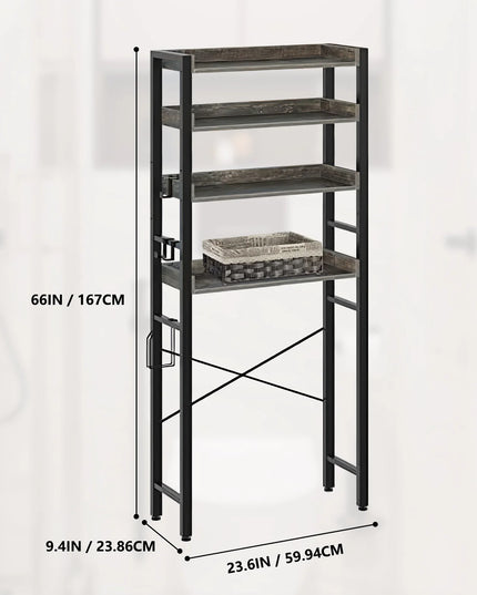 Over The Toilet Storage Rack 4-Tier Bathroom Organizer Freestanding Shelf Space Saver Toilet Stand Cabinet with 4 Hooks