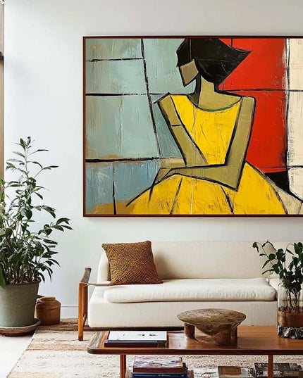 Mhemyo Wabi Sabi Wall Art Woman Figure Hand Painted Painting Large Grey Beige Textured Painting Vintage Figurative Canvas Art