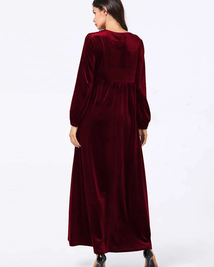 Plus size women's autumn and winter new solid color velvet slim long sleeve swing A-line skirt dress