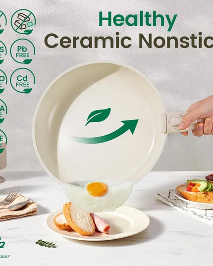 Ceramic Cookware Set Non Toxic with Detachable Handles, Healthy Nonstick Pans and Pots Set 19 Pcs,PFOA & PTFE Free,Cream White