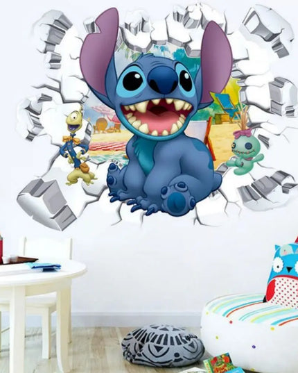 3D Broken Wall Lilo & Stitch Wall Stickers For Kid's Room Kindergarten Living Room Bedroom Wall Decoration Animated Poster