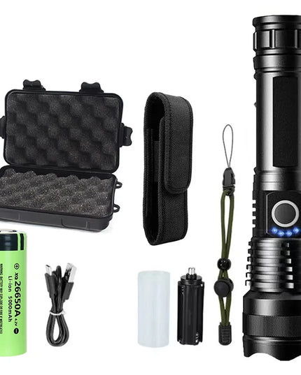 High Power Strong Light Long Range LED Flashlight USB Rechargeable Defense Flashlight Outdoor Telescopic Zoom Super Bright Torch