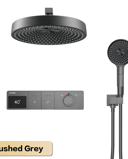 Luxury gun gray brass LED digital display shower system with wall mounted design, simple bathroom faucet for hot and cold water