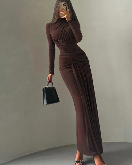 Sisterlinda Folds Maxi Dress Women o-Neck Full Sleeve Solid Banquet Elegant Vacation Fashion Autumn Skinny Casual Simple Vestido