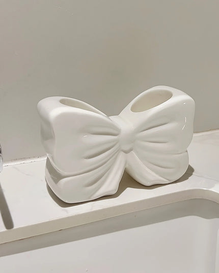 Bow-Shaped Toothbrush Holder with Storage for Electric Toothbrushes - Bathroom Decor, White & Pink DesignToiletry Organizer
