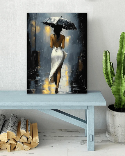 [Elegant Style] Romantic Rainy Night Canvas Art with Wooden Frame–Elegant Umbrella Street Scene, Perfect for Living Room,Bedroom