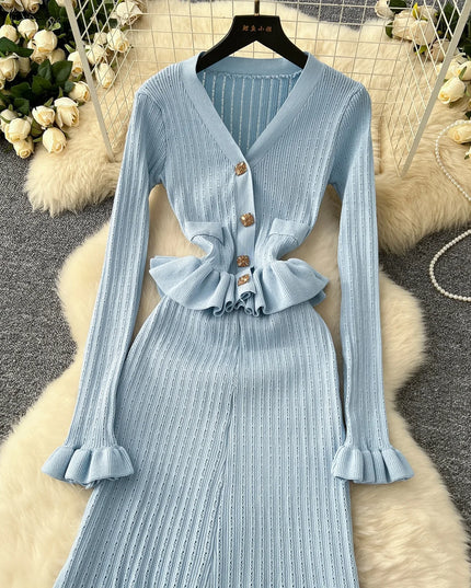 YuooMuoo Brand Fashion One Piece Maxi Dress 2025 Woman Luxury V-neck Rhinestone Slim Waist Ruffled Knitted Dress Party Vestidos
