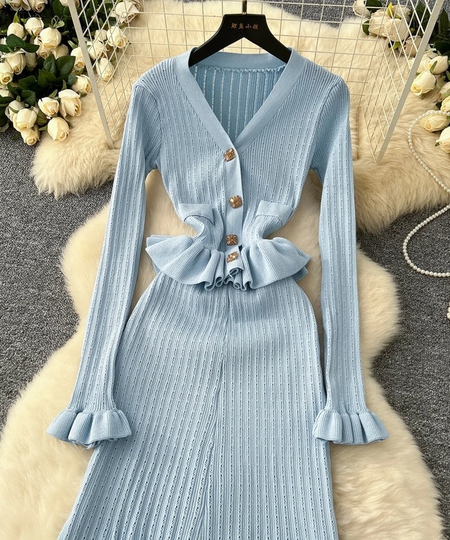 YuooMuoo Brand Fashion One Piece Maxi Dress 2025 Woman Luxury V-neck Rhinestone Slim Waist Ruffled Knitted Dress Party Vestidos