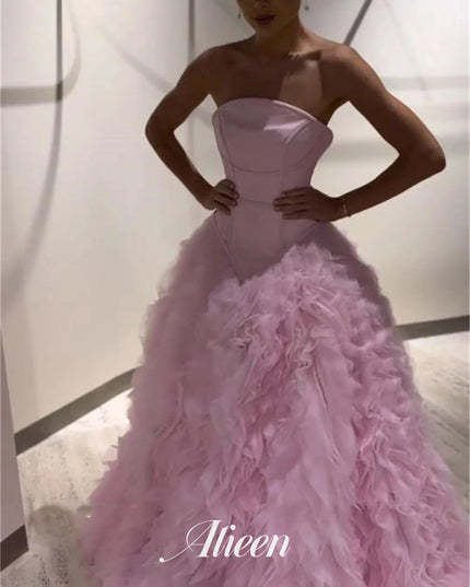 Customized Pink Multi-layer Mesh Strapless Backless Saudi Evening Dresses 2025 Luxury Wedding Party Dress Prom Gown