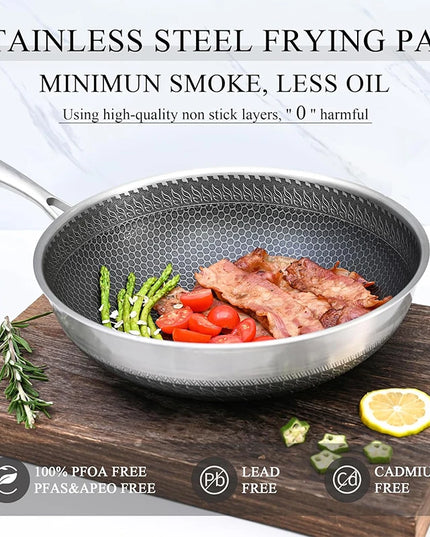 316 Stainless Steel Wok Pan Nonstick Honeycomb Wok Pan Large Deep Stir Frying Pan Skillet With Handle Induction Compatible JT560
