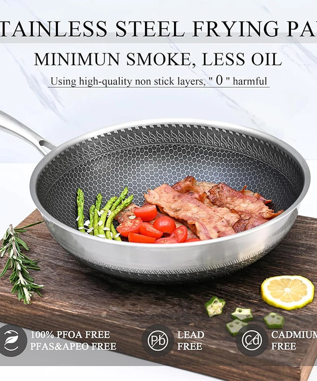 316 Stainless Steel Wok Pan Nonstick Honeycomb Wok Pan Large Deep Stir Frying Pan Skillet With Handle Induction Compatible JT560