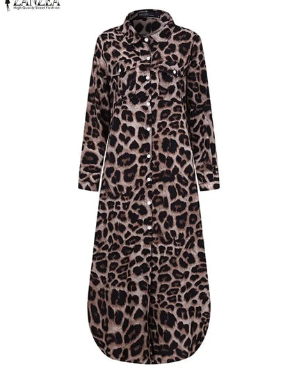 ZANZEA Party Vintage Leopard Robe Women 2025 Autumn Casual Long Sleeve Maxi Long Vestidos Dress Fashion Oversized Shirt Sundress