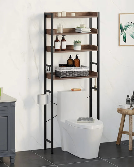 Over The Toilet Storage Rack 4-Tier Bathroom Organizer Freestanding Shelf Space Saver Toilet Stand Cabinet with 4 Hooks