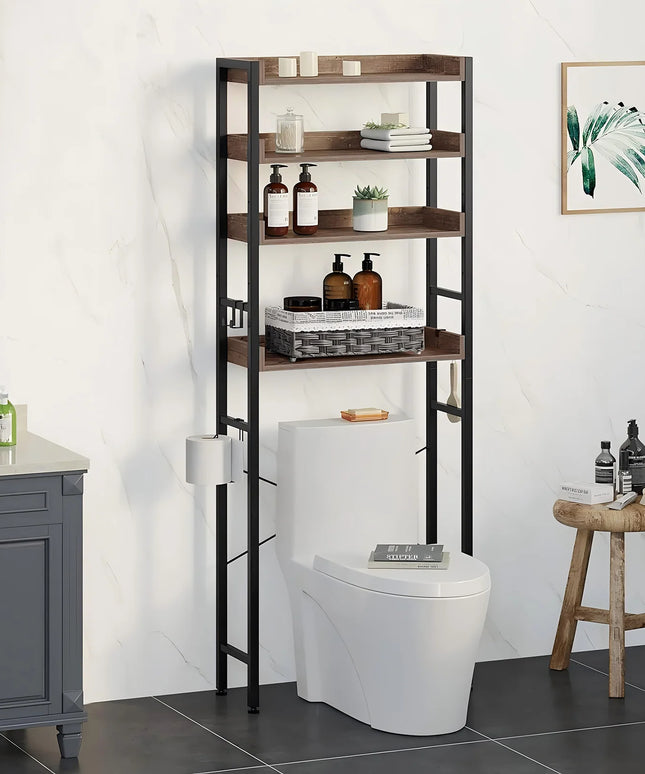 Over The Toilet Storage Rack 4-Tier Bathroom Organizer Freestanding Shelf Space Saver Toilet Stand Cabinet with 4 Hooks