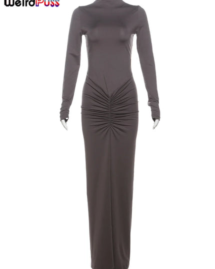 Weird Puss Hipster Ruched Dress Women o-NeckFull Sleeve  Skinny Stretch Robe Autumn Trend Simple Classic Pleats Long Bodycon