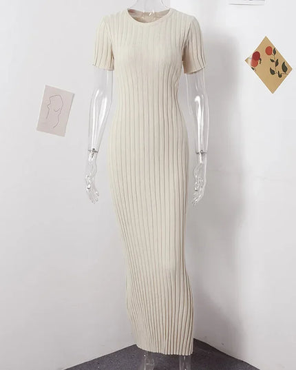 Ladies Knitted Short Sleeve Pleated Long Dress Fashion Spring Summer Women Dress Hip Package O Neck Female Vestidos