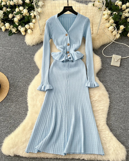 YuooMuoo Brand Fashion One Piece Maxi Dress 2025 Woman Luxury V-neck Rhinestone Slim Waist Ruffled Knitted Dress Party Vestidos