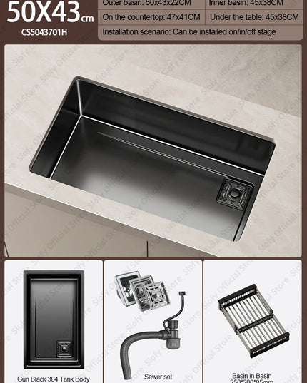 304 Stainless Steel Kitchen Sink Black Single Bowl Thickened Material Wear-Resistant Vegetable Workstation Drainage Accessories