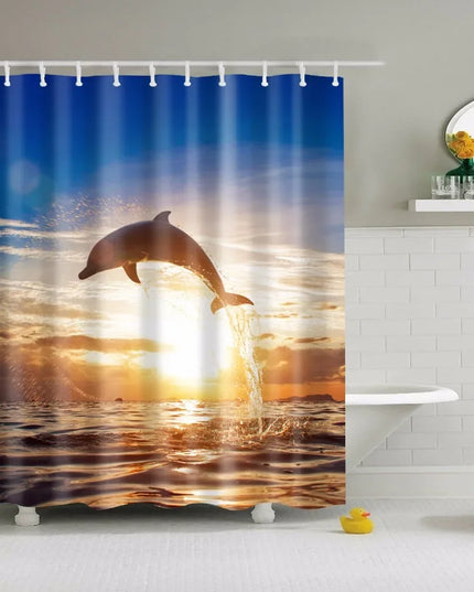 Seaside Scenic Beach Shells Shower Curtains Starfish Conch Blue Board Palm Trees Sunset Nature Scenery Bathroom Curtain Decor