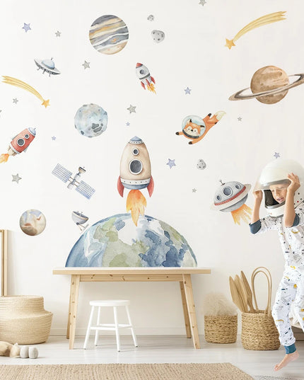 Watercolor Solar System Space Wall Sticker Baby Nurery Kids Room  Planets Rockets Stars Moon Wall Decal Bedroom Playroom Decor
