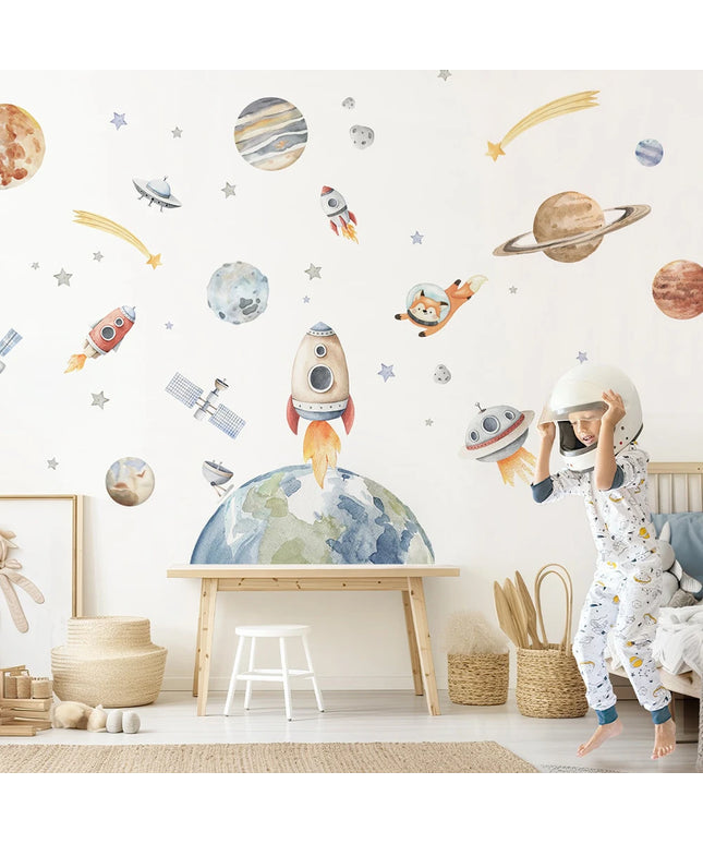 Watercolor Solar System Space Wall Sticker Baby Nurery Kids Room  Planets Rockets Stars Moon Wall Decal Bedroom Playroom Decor