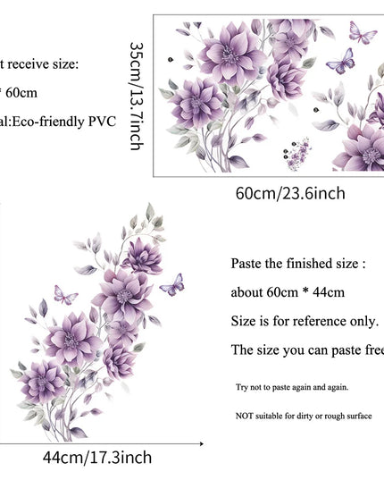 Purple Flowers Butterfly Wall Stickers Living Room Bedroom Background Decor Mural Bathroom Home Decoration Self-adhesive Decals