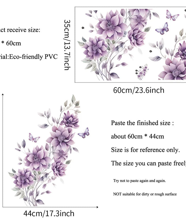 Purple Flowers Butterfly Wall Stickers Living Room Bedroom Background Decor Mural Bathroom Home Decoration Self-adhesive Decals