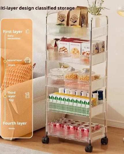 Bathroom Mobile Storage Rack for Snacks, Toys, and Multi-layer Cosmetics Storage, Transparent Small Cart