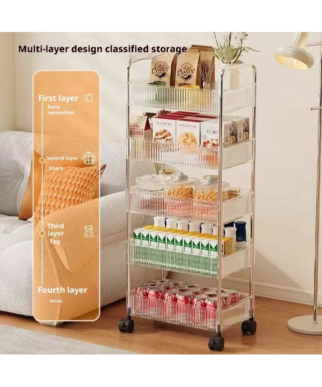 Bathroom Mobile Storage Rack for Snacks, Toys, and Multi-layer Cosmetics Storage, Transparent Small Cart
