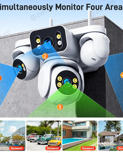New 16X Zoom Four Screen 20MP WiFi Camera Four Lens 10K Video Surveillance Waterproof Auto Tracking Security Protection IP Cam