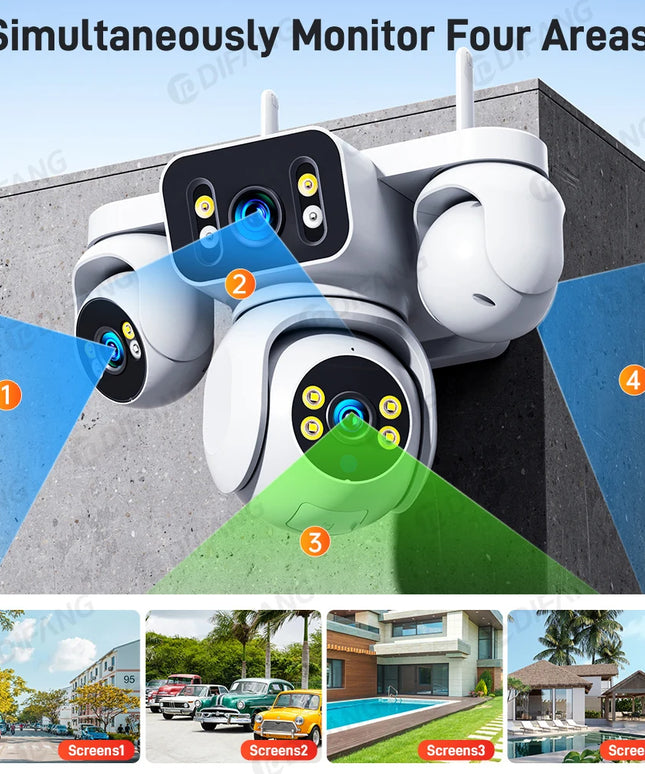 New 16X Zoom Four Screen 20MP WiFi Camera Four Lens 10K Video Surveillance Waterproof Auto Tracking Security Protection IP Cam
