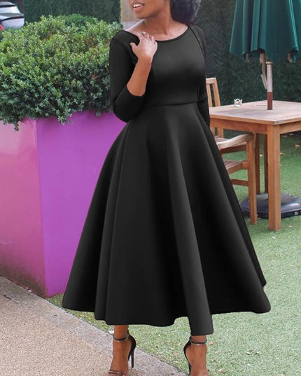 Elegant Party Dress for Woman 2024 Modern O Neck Three Quarter Sleeve High Waisted A Line Mid Calf Birthday Dinner Wedding Cloth