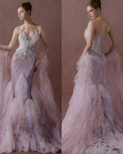 Customized  Temperament  Pink Tulle Homecoming Dress Luxury Strapless Detachable Sleeve  Beading Backless  Vestido De Noche