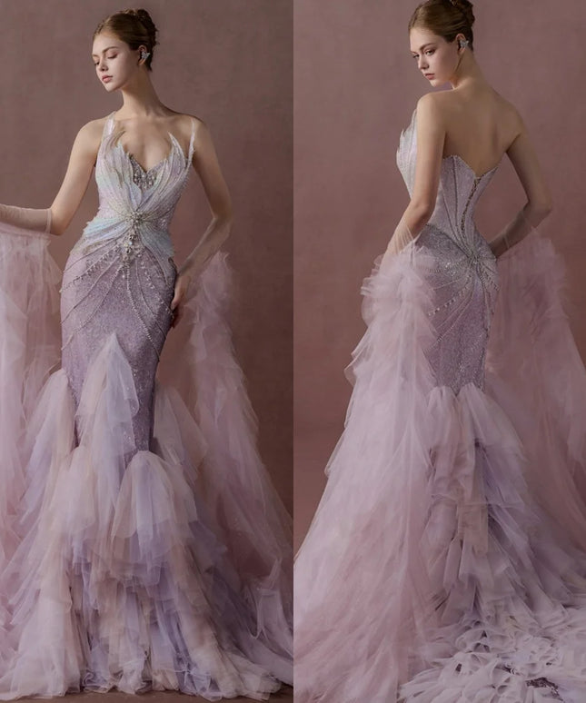 Customized  Temperament  Pink Tulle Homecoming Dress Luxury Strapless Detachable Sleeve  Beading Backless  Vestido De Noche