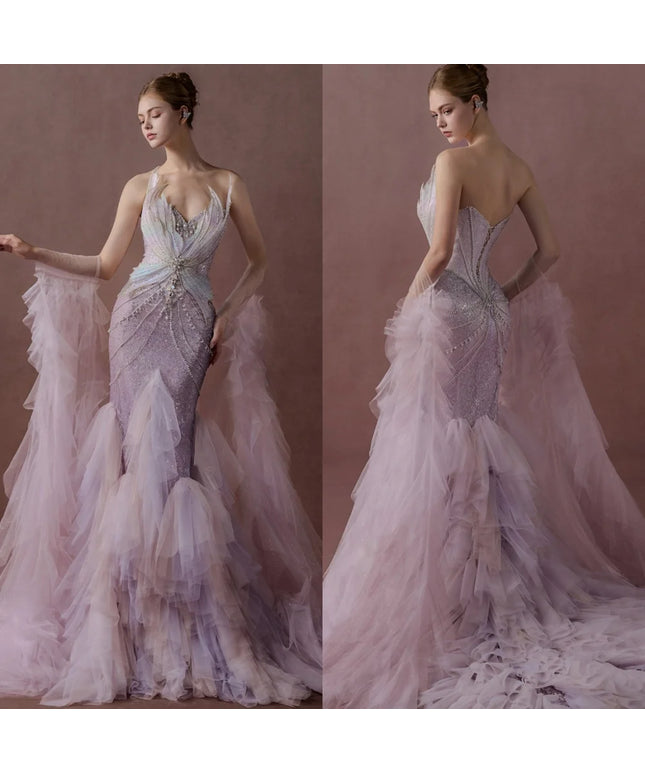 Customized  Temperament  Pink Tulle Homecoming Dress Luxury Strapless Detachable Sleeve  Beading Backless  Vestido De Noche