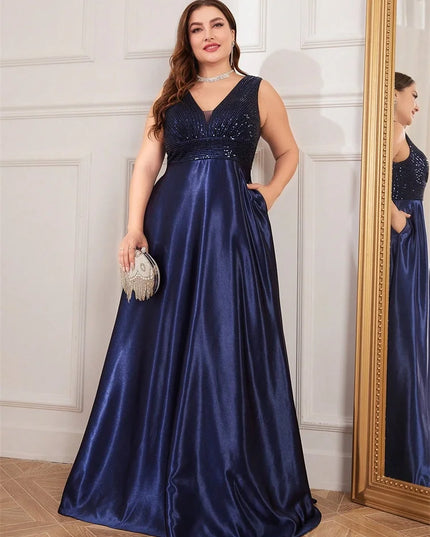 Plus Size Elegant Sequins Evening Dress For Women 2025 Deep V-neck Satin Prom Party Dress Floor Length Formal Bridesmaid Gowns