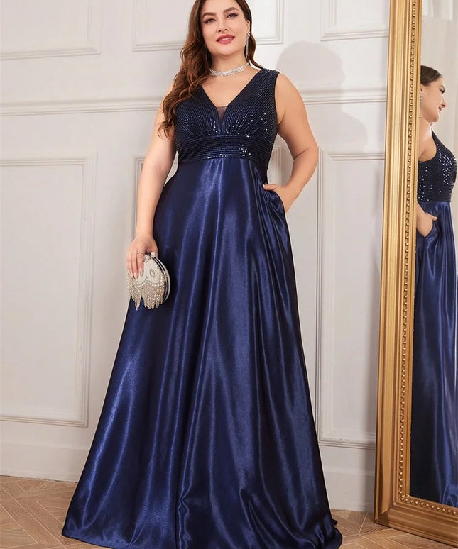 Plus Size Elegant Sequins Evening Dress For Women 2025 Deep V-neck Satin Prom Party Dress Floor Length Formal Bridesmaid Gowns