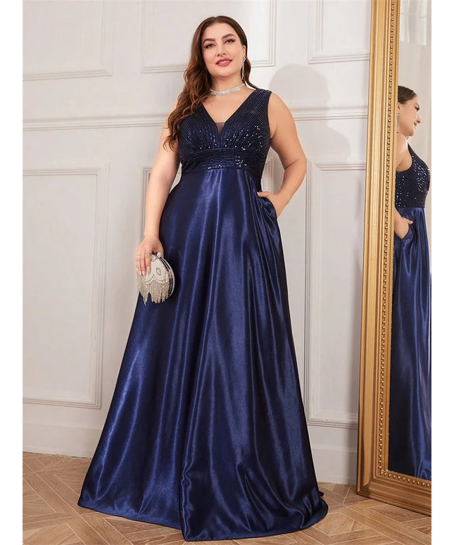 Plus Size Elegant Sequins Evening Dress For Women 2025 Deep V-neck Satin Prom Party Dress Floor Length Formal Bridesmaid Gowns