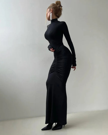 Sisterlinda Autumn New Style Long Dress Woman Turtleneck Full Sleeve Skinny High Stretch Daily Casual Fashion Elegant Vestidos