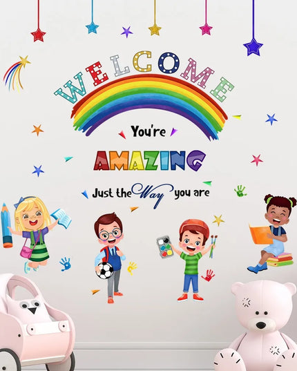 Cartoon Welcome Inspirational Phrases Wall Stickers Detachable Children's Tenant Hall Nursery Decoration Wall Stickers