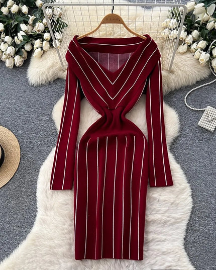 YuooMuoo Chic Fashion Elegant Wrap Hip Knitted Autumn Dress Women Vintage Slim Waist Stripes Bodycon Sweater Dress Lady Vestidos