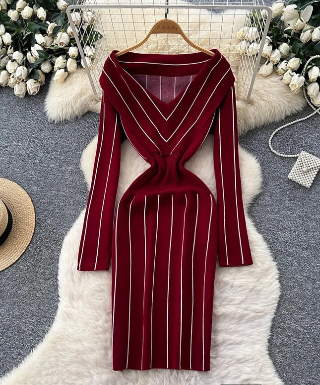 YuooMuoo Chic Fashion Elegant Wrap Hip Knitted Autumn Dress Women Vintage Slim Waist Stripes Bodycon Sweater Dress Lady Vestidos