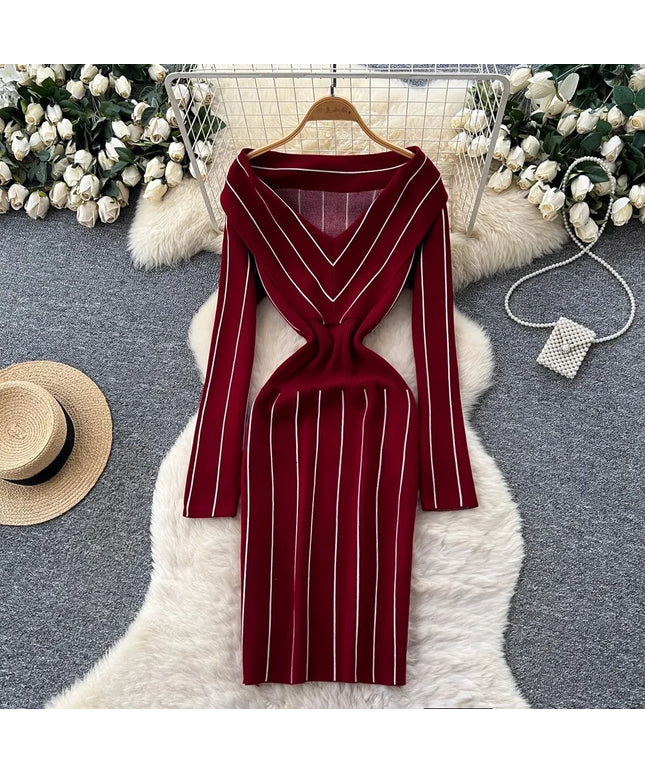 YuooMuoo Chic Fashion Elegant Wrap Hip Knitted Autumn Dress Women Vintage Slim Waist Stripes Bodycon Sweater Dress Lady Vestidos