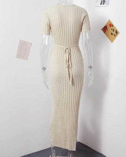 Ladies Knitted Short Sleeve Pleated Long Dress Fashion Spring Summer Women Dress Hip Package O Neck Female Vestidos