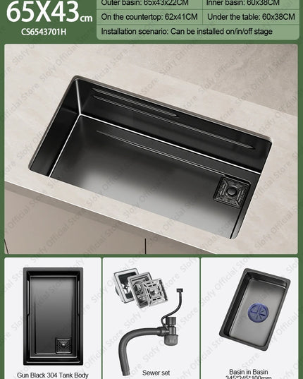 304 Stainless Steel Kitchen Sink Black Single Bowl Thickened Material Wear-Resistant Vegetable Workstation Drainage Accessories