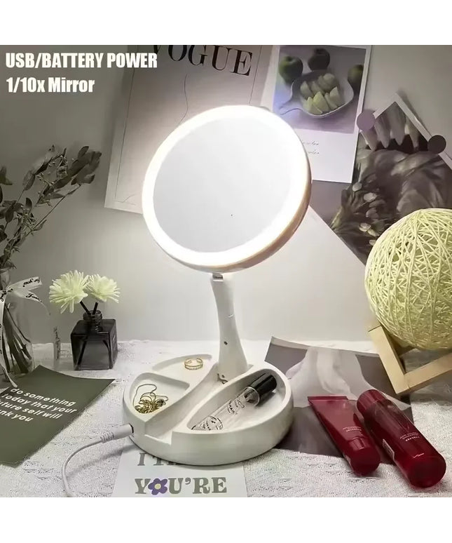 1X 10x Magnifying Vanity Mirror with LED Lighted Flexible Foldable Desk Makeup Mirror Lighting Dressing Makeup Lamp