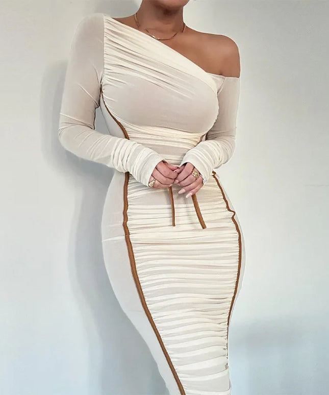 2025 Spring New Women's Long Sleeve Mesh Splicing Diagonal Shoulder Mid length Skirt Fashion Folded Dress