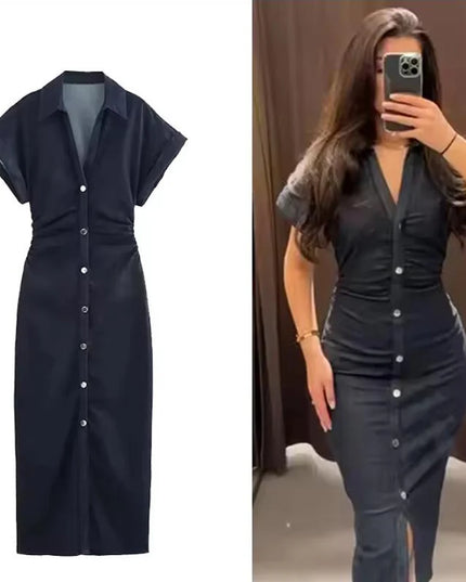 Denim Dress Women's Spring Summer Casual Long Dresses For Women 2025 New Fashion Ruched Short Sleeve Streetwear Midi Dress