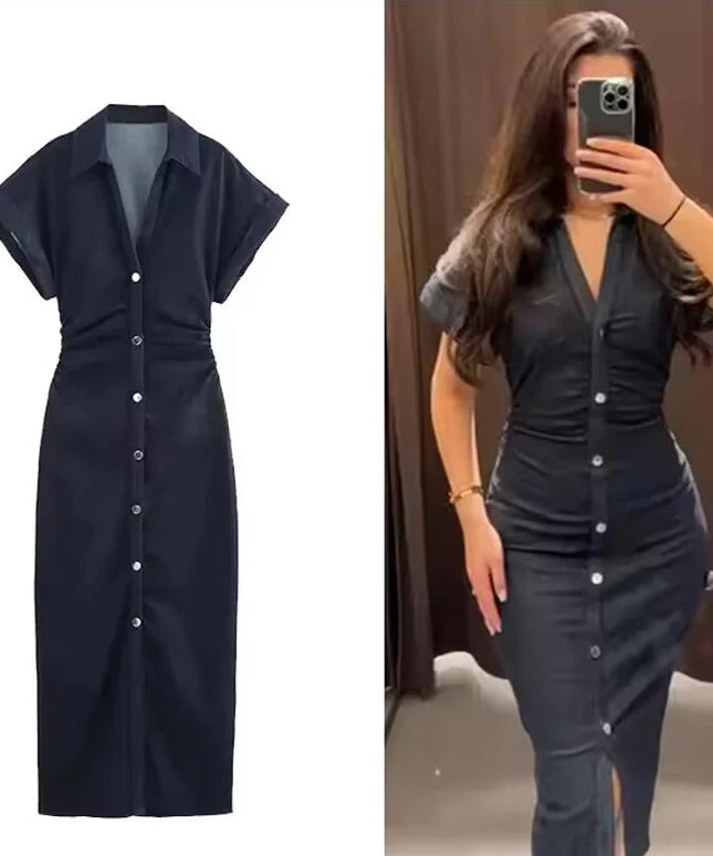 Denim Dress Women's Spring Summer Casual Long Dresses For Women 2025 New Fashion Ruched Short Sleeve Streetwear Midi Dress